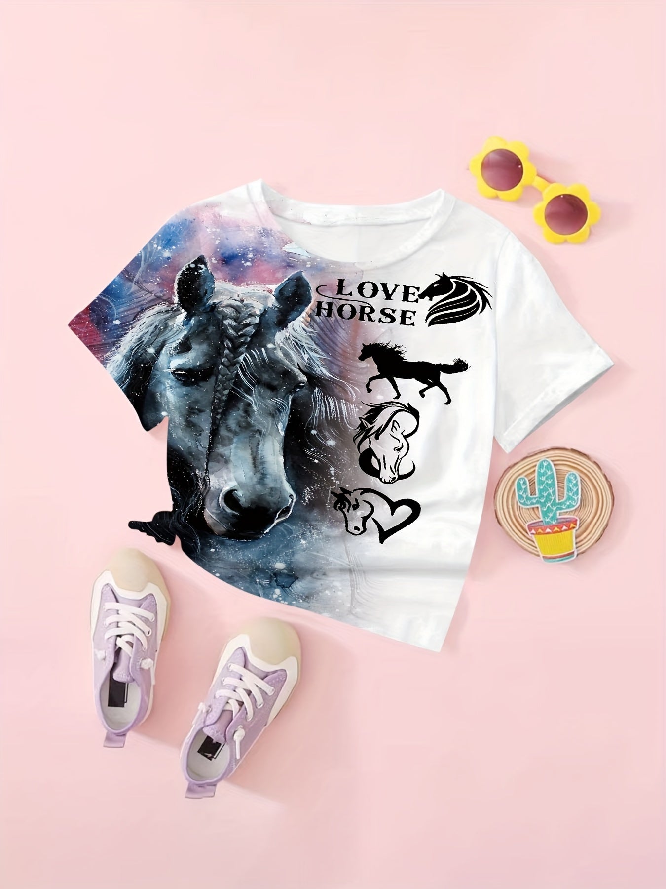 Girls Horse Pattern Short Sleeve T-shirt for Summer Sports