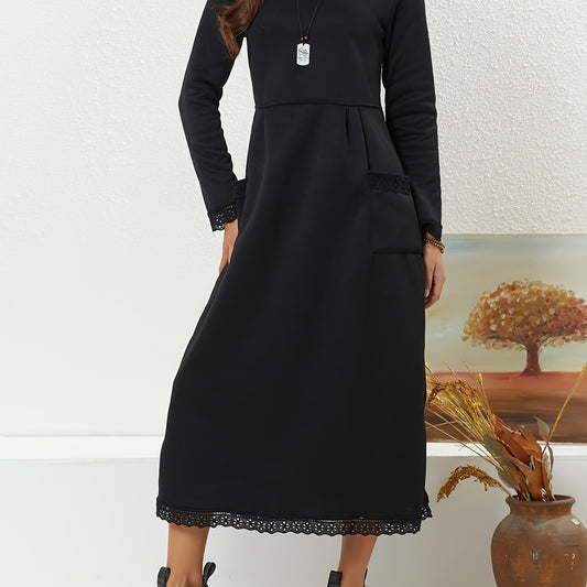  Solid Lace Long Sleeve Maxi Dress With Pockets
