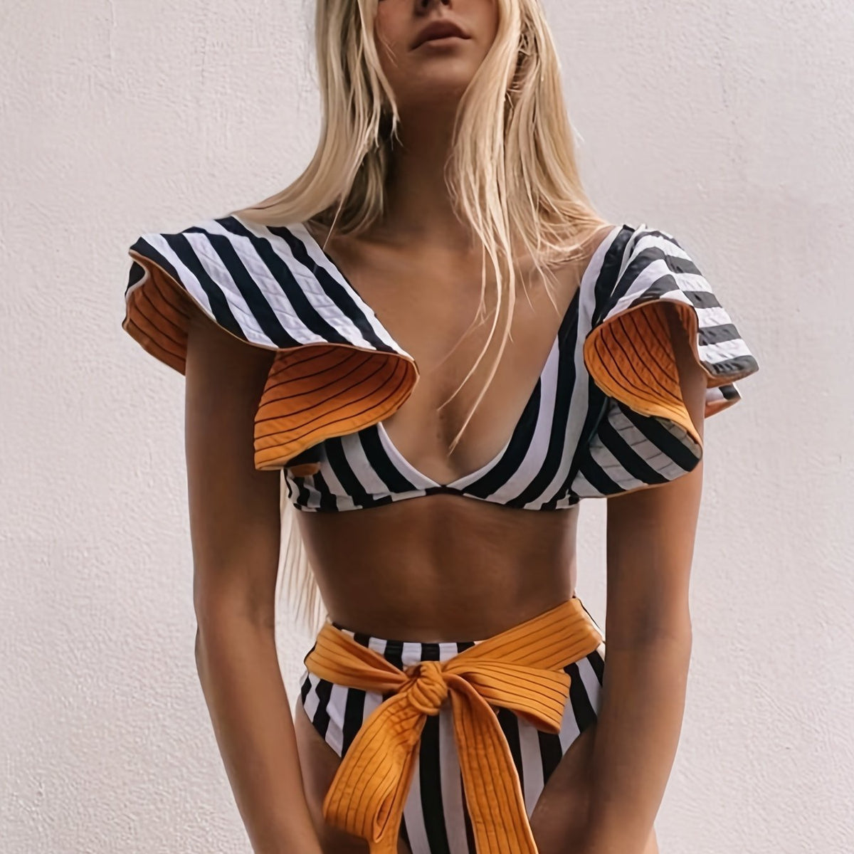 Stripes Print Tie Belt High Waist 2 piece Set Bikini Ruffle V Neck Swimsuit