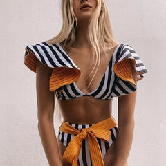 Stripes Print Tie Belt High Waist 2 piece Set Bikini Ruffle V Neck Swimsuit