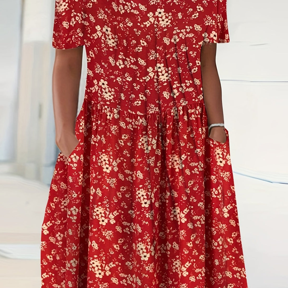  Floral Print Short Sleeve Dress With Pockets