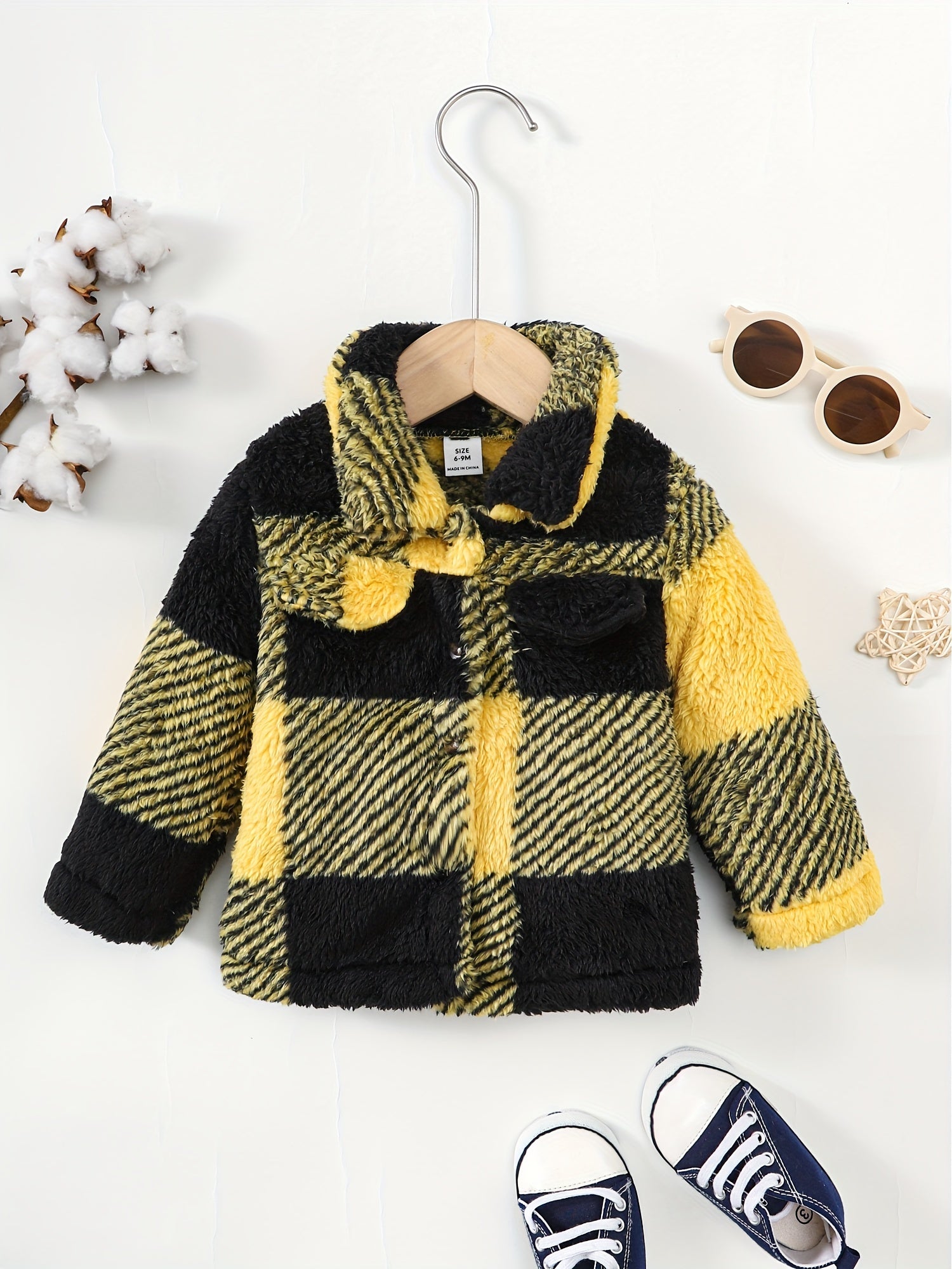 Boys Plaid Print Furry Coat Thermal Jacket