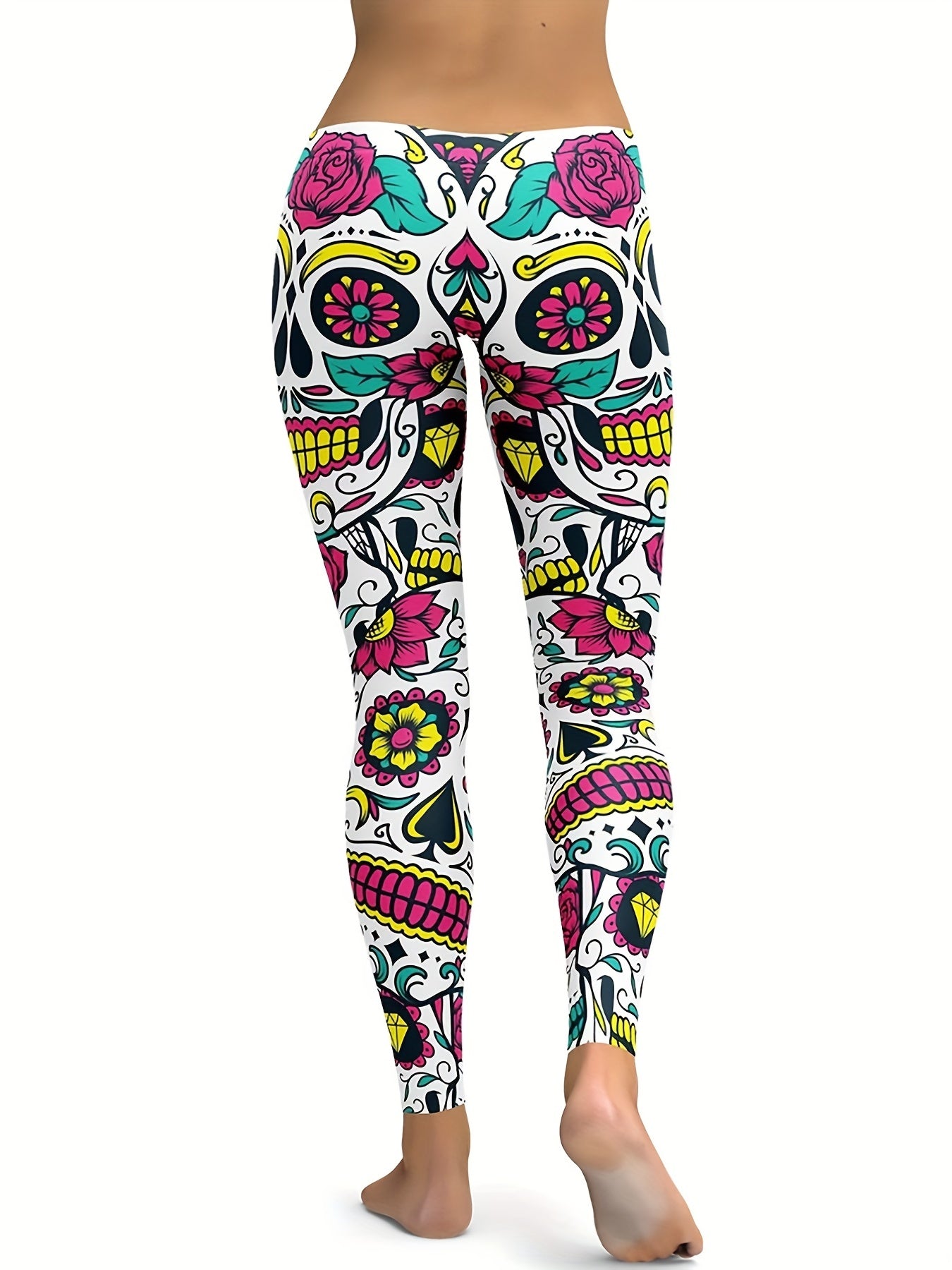 Flower & Halloween Skull Print Yoga Pants High Stretch Leggings for Women