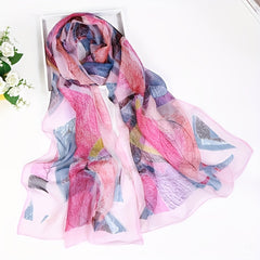 Chiffon Scarf Leaf Print Geometric Block Shawl Vintage Head Wrap