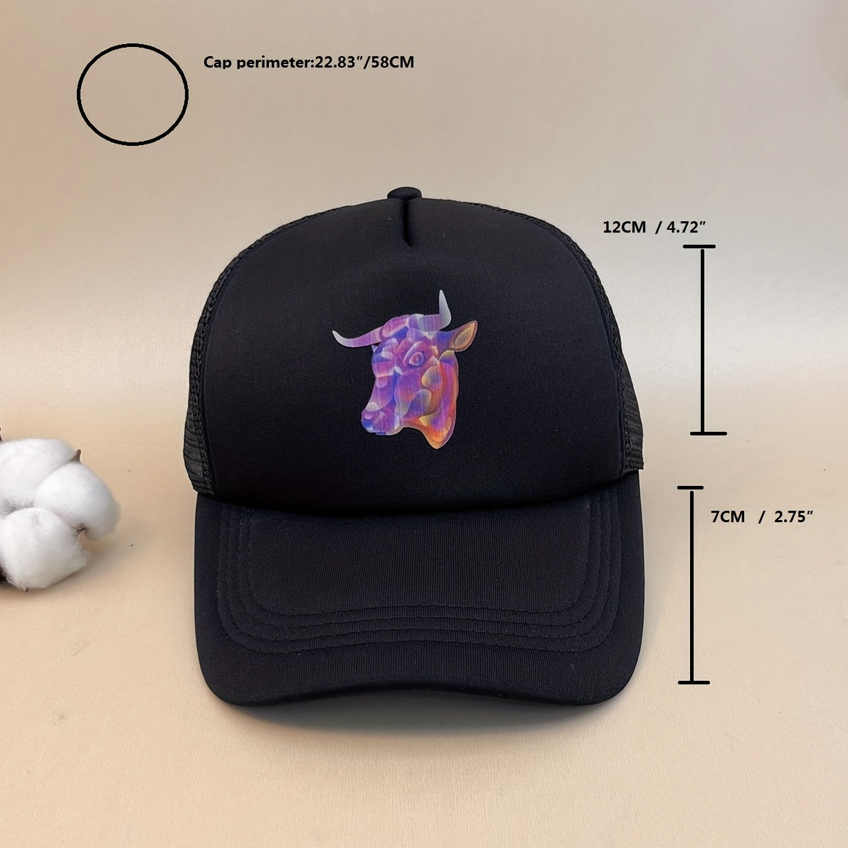 Bull Head Print Trucker Hat Hip Hop Mesh Baseball Cap