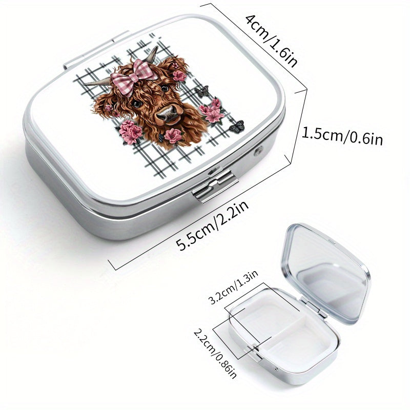 Highland Cow Pattern Two Compartment Pill Box - Portable Medicine Box