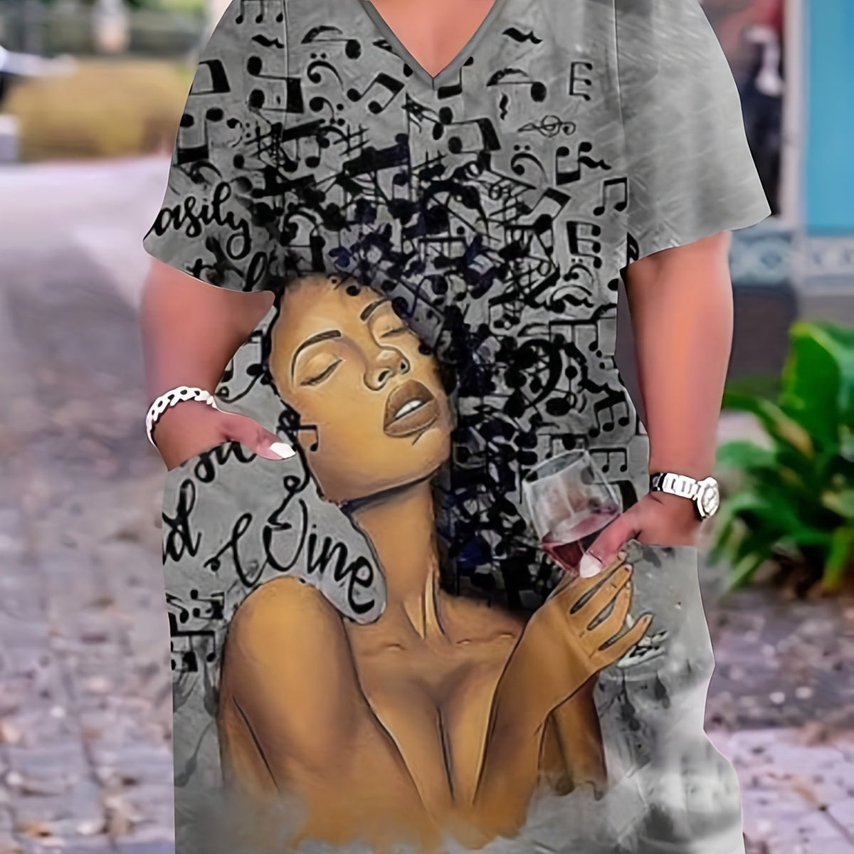  Casual Dress Women's Plus Cartoon Print Short Sleeve V Neck Dress