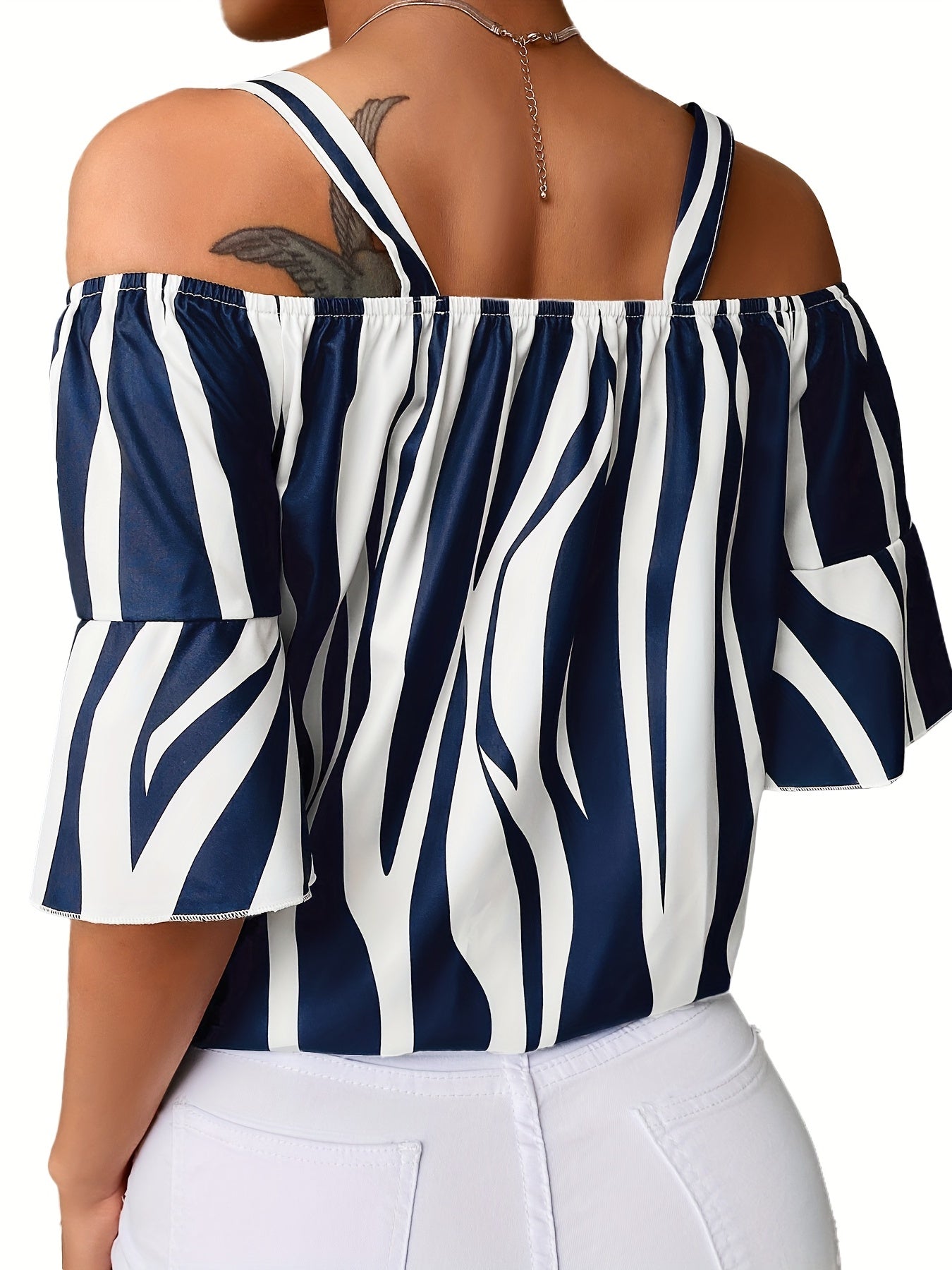  Stripe Print Ruffle Trim Cold Shoulder Knot Front Top