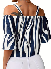  Stripe Print Ruffle Trim Cold Shoulder Knot Front Top