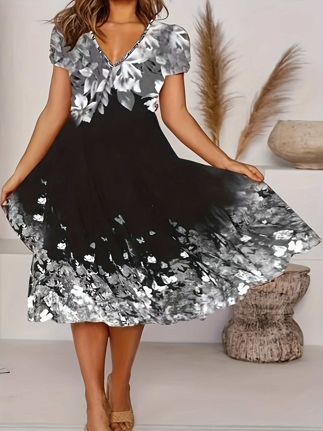 Floral Print V Neck Dress for Women Plus Size