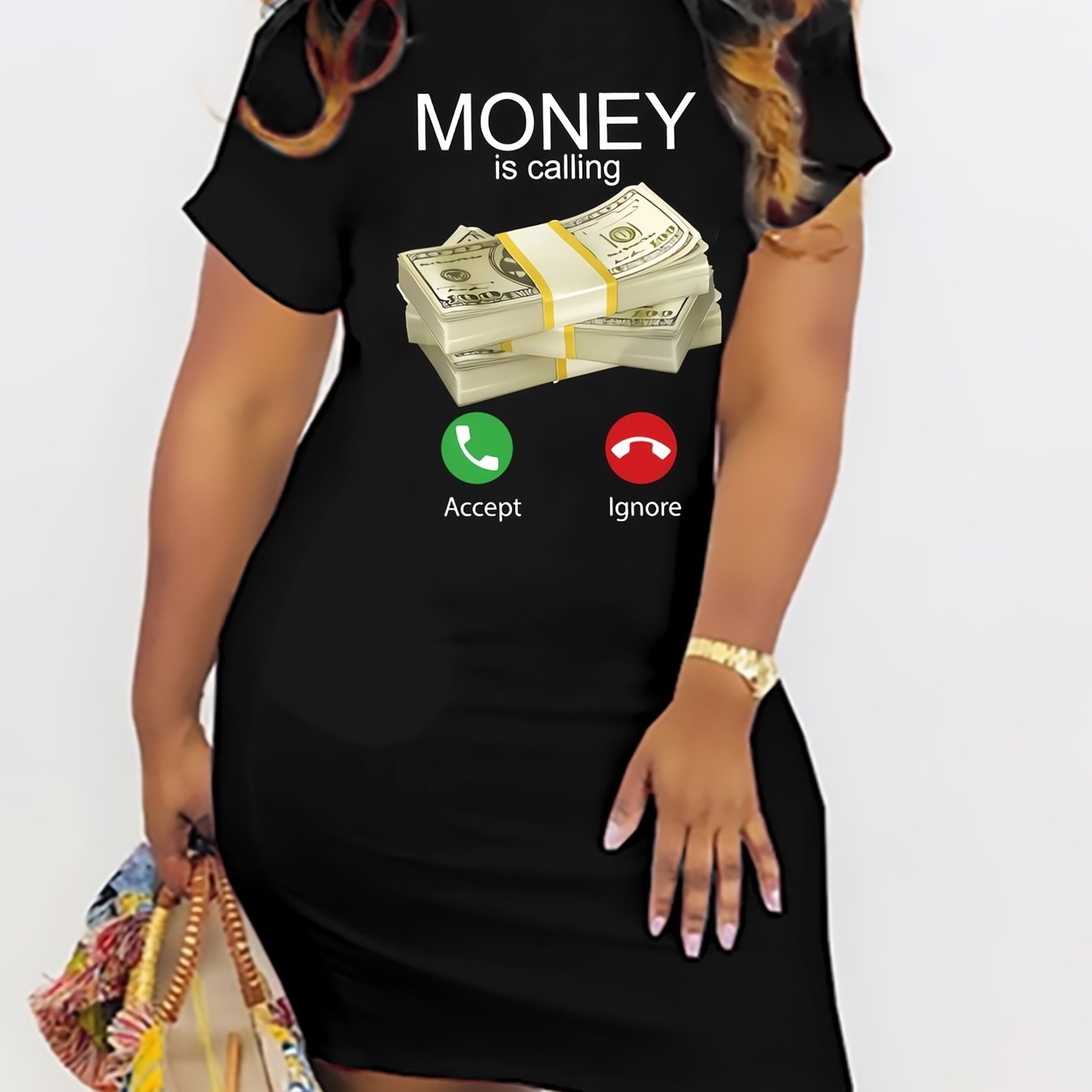  Letter & Graphic Print Short Sleeve Tee Dress Women's Plus