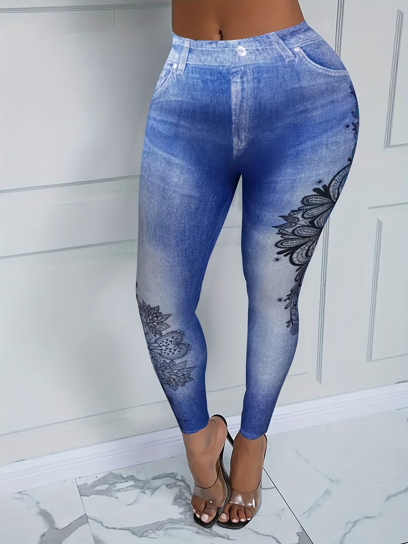  Denim & Floral Print High Rise Leggings