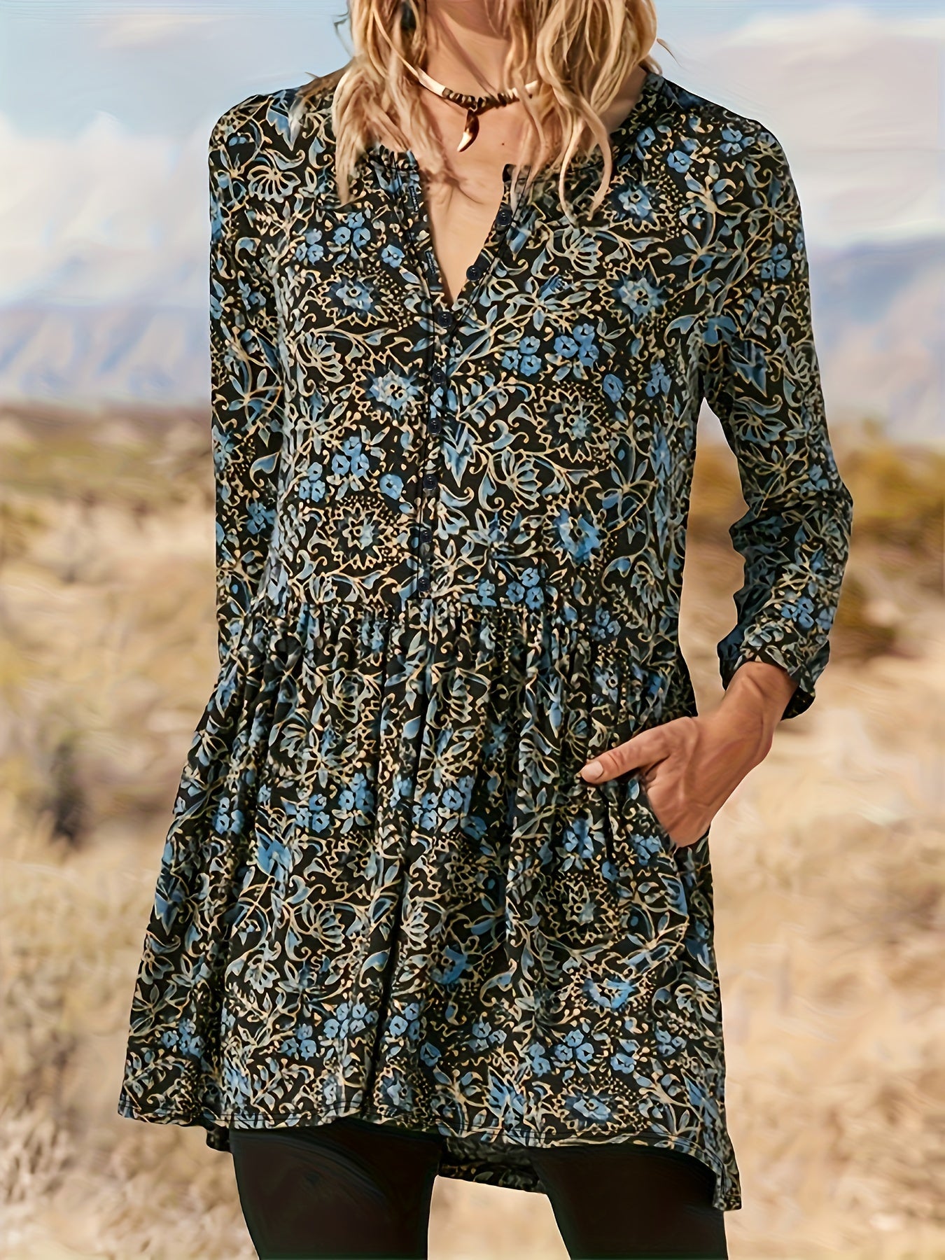  Floral Button-Up Blouse V-Neck Long Sleeve Retro Style
