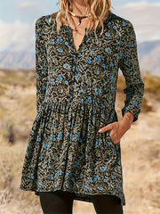  Floral Button-Up Blouse V-Neck Long Sleeve Retro Style