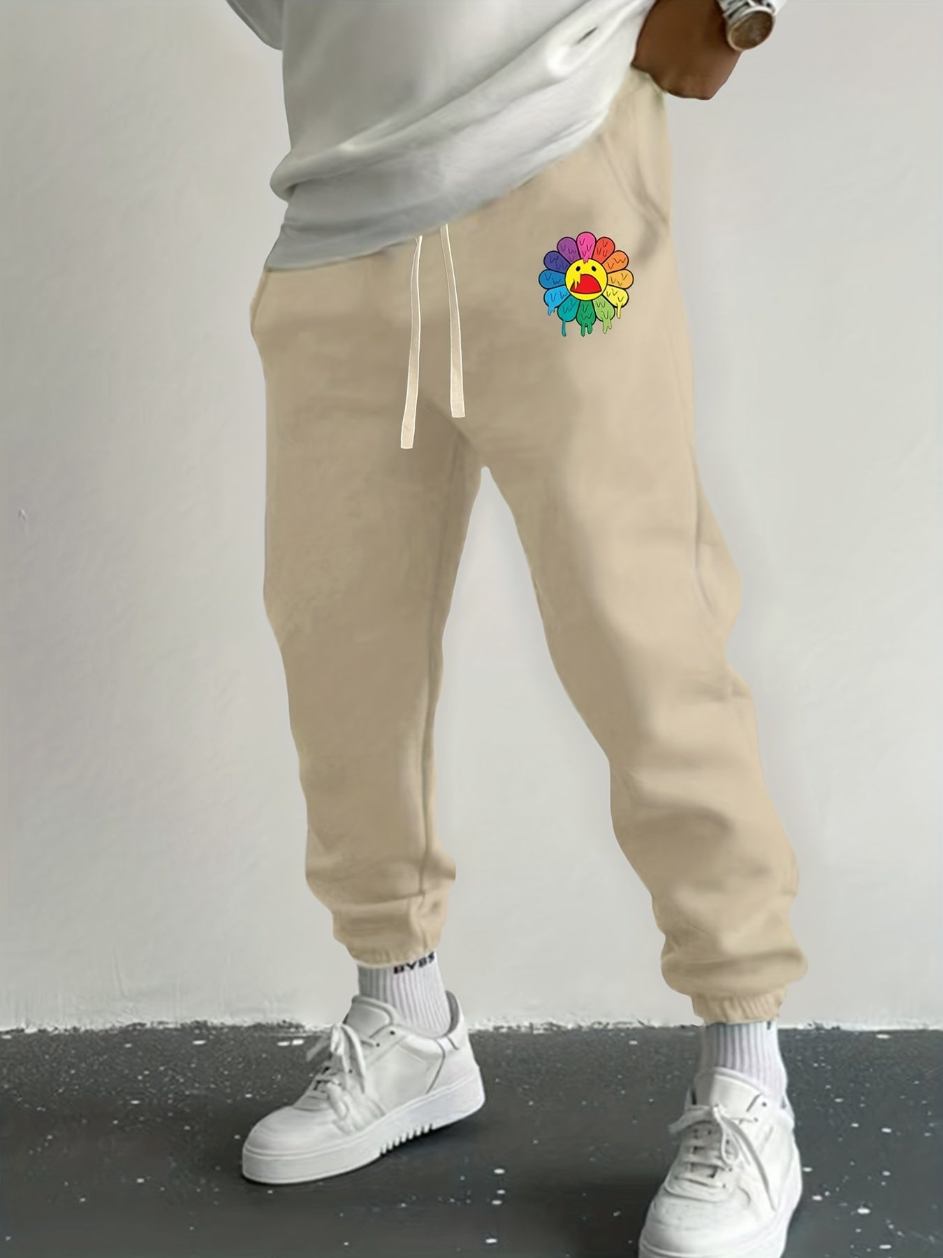 Flower Print Drawstring Sweatpants Loose Fit Casual Joggers for Spring Autumn