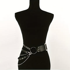 Punk Layered Chain Fringe Belt Hip Hop Rivet PU Leather Waistband