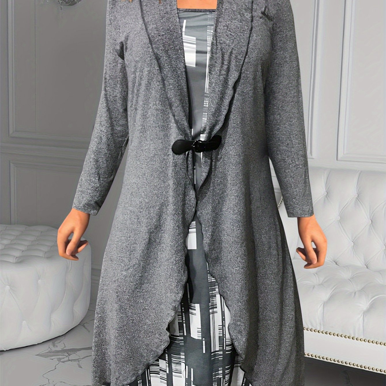  Colorblock Geometric Print Long Sleeve Dress