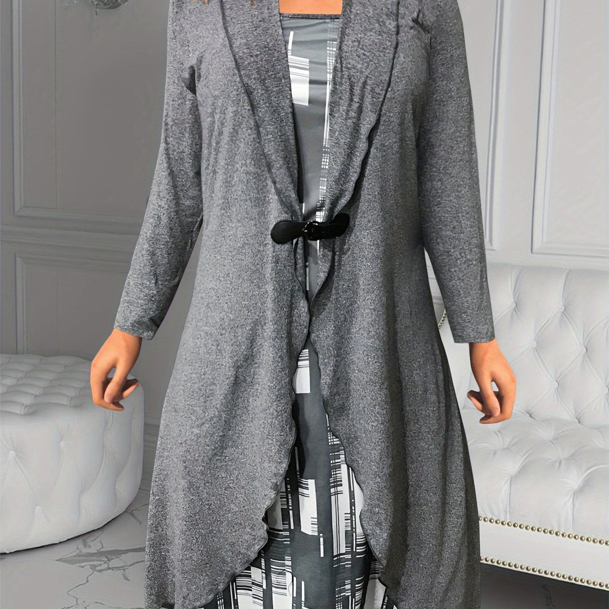  Colorblock Geometric Print Long Sleeve Dress