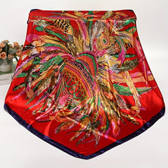 Feather Crown Print Satin Shawl Silk Square Scarf Boho Bandana