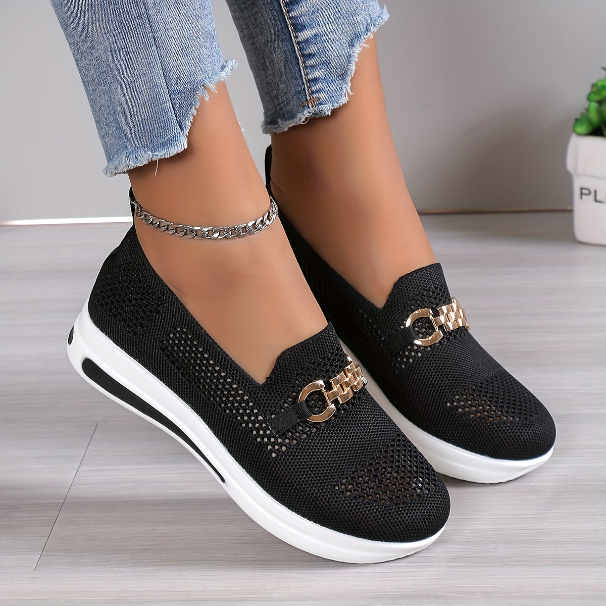 Women's Knitted Sock Shoes Metal Chain Low Top Slip On Casual Walking Sneakers