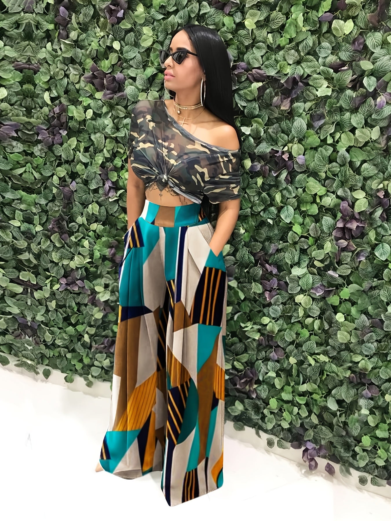 Camouflage Print Wide Leg Pants