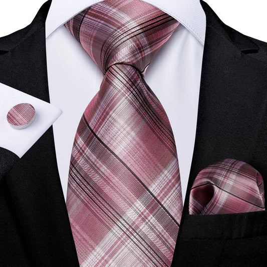 DiBanGu Classic Plaid Tie Set For Men Pink Red Ties