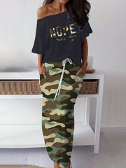 Casual Two piece Skirt Set Letter Print Top & Camouflage Drawstring Split Skirt