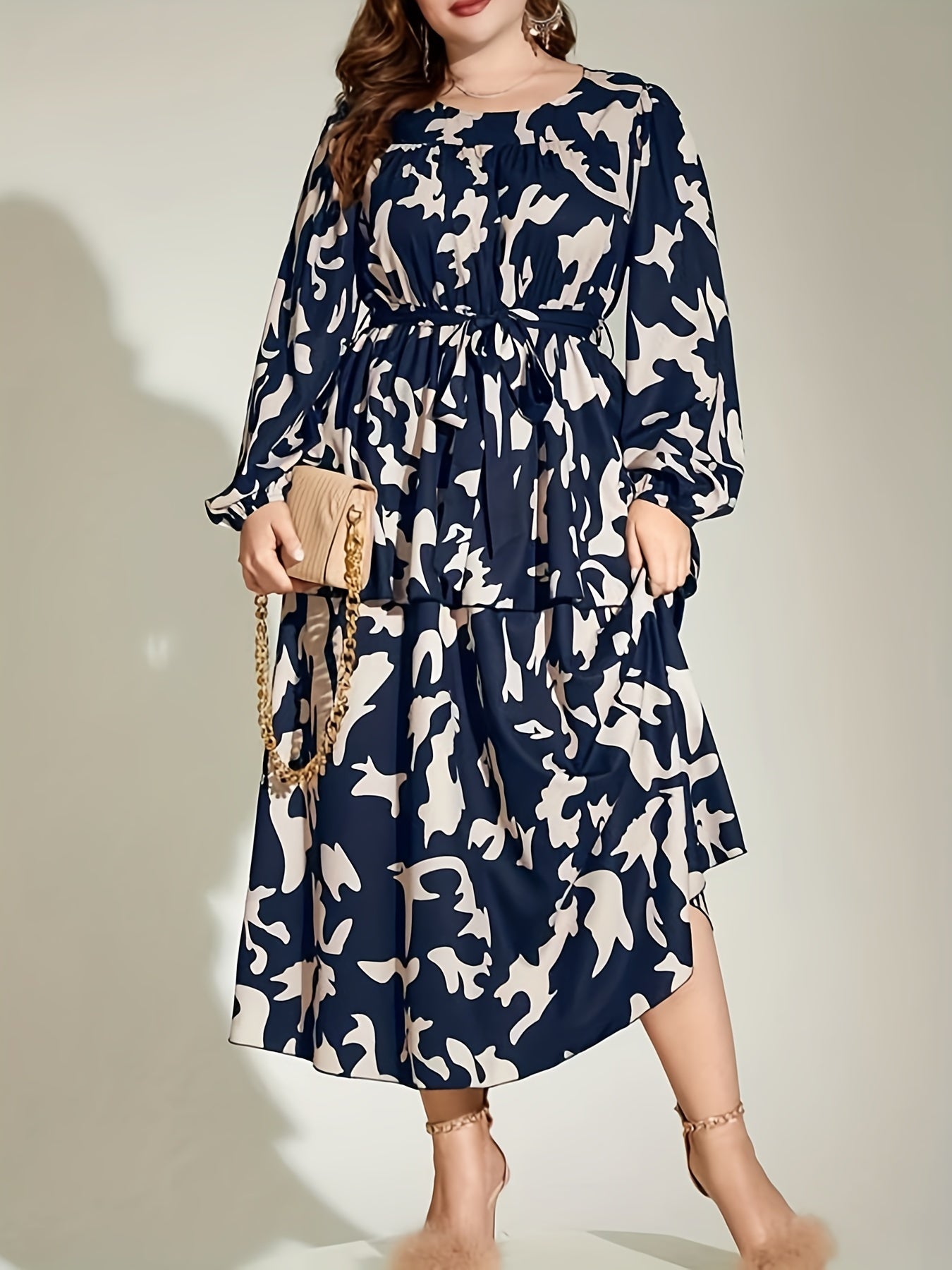 Casual Lantern Sleeve Layered Dress With Belt