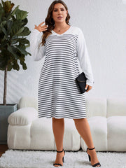  Women's Stripe Print V Neck Long Sleeve Tee Dress