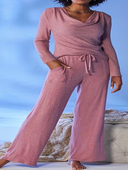  Solid Long Sleeve Top & Wide Leg Pants Set