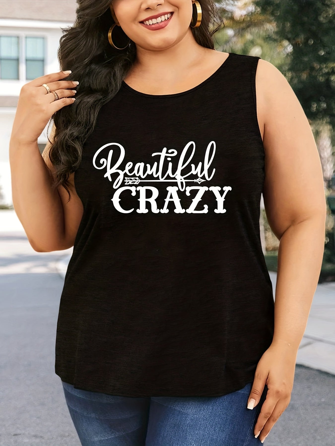  Slogan Print Tank Top Round Neck Medium Stretch