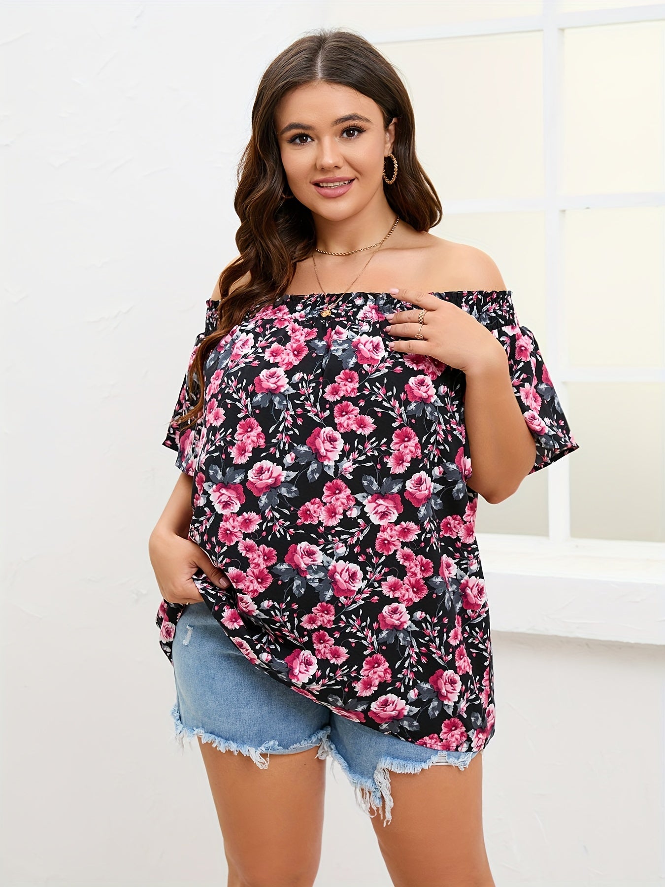  Rose Print Off Shoulder Short Sleeve Top