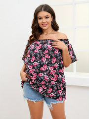  Rose Print Off Shoulder Short Sleeve Top