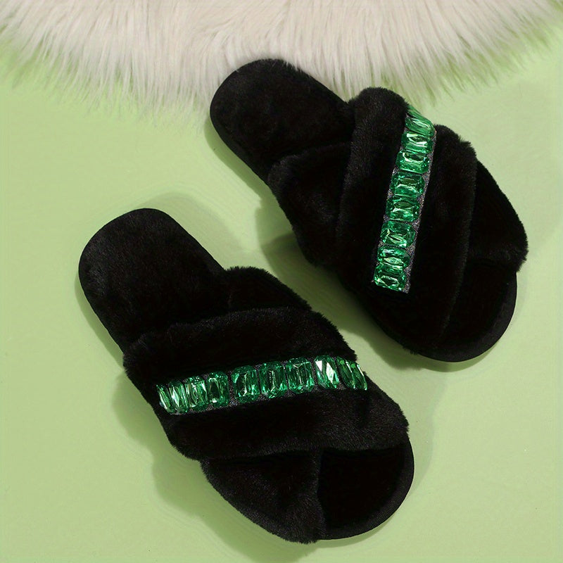 Rhinestone Slip-On Slippers Cross Straps Open Toe Non-Slip Indoor Shoes