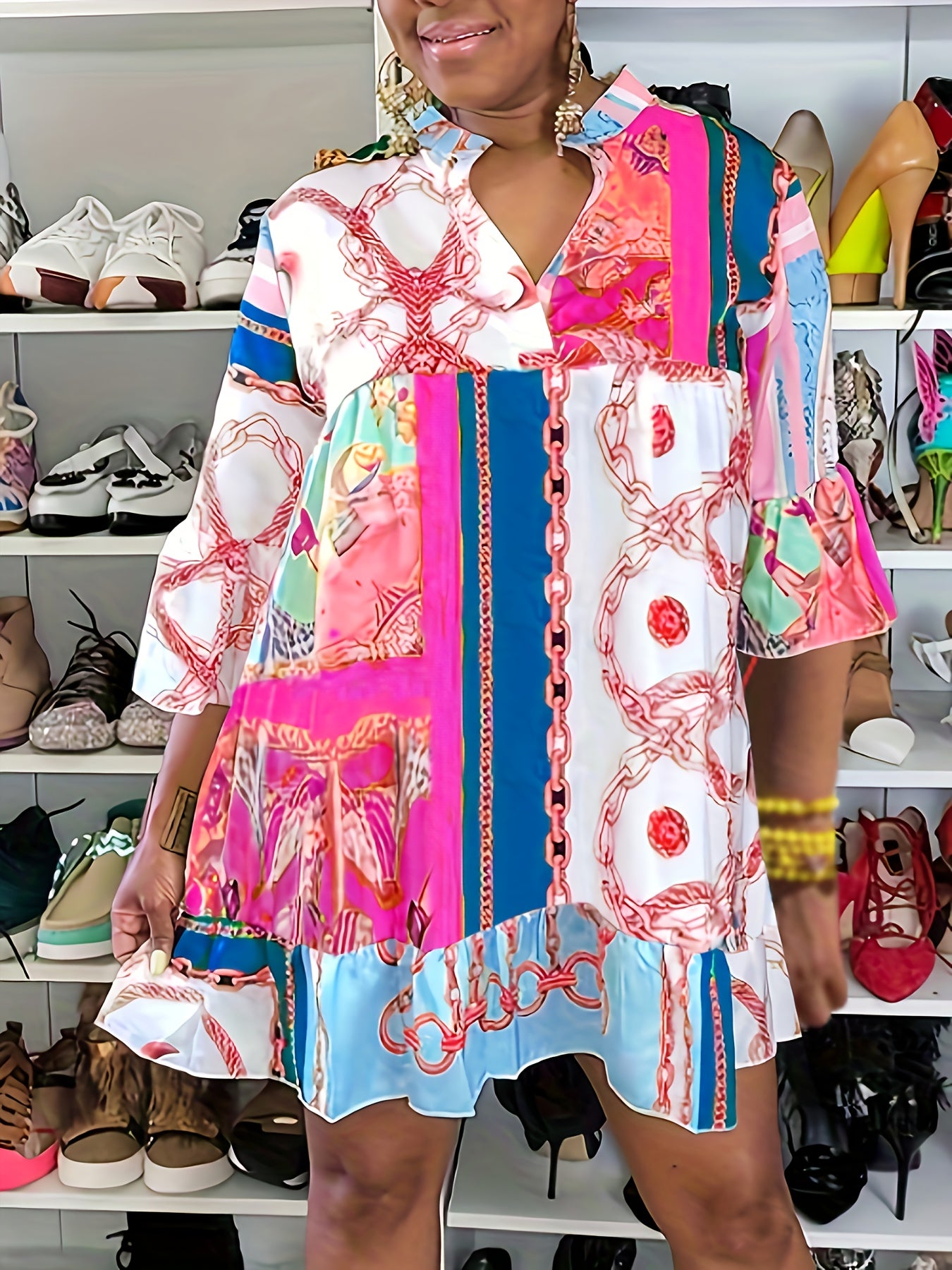  Colorblock Chain Print Ruffle Trim Smock Dress