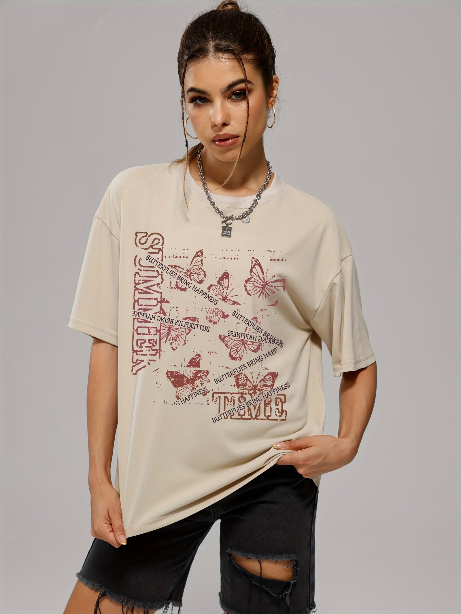 Butterfly Graphic Short Sleeve Sports Tee Women's Casual Workout T-shirts