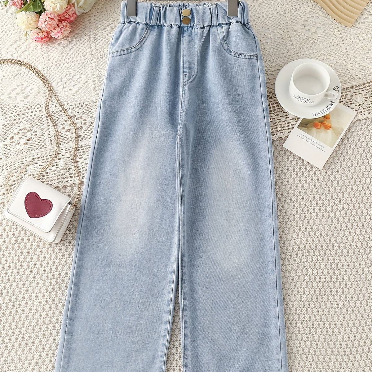 Girls Light Washed Casual Jeans Straight Leg Elastic Waist Denim Pants