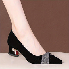 Women's Rhinestone Mid Heeled Pumps Pointed Toe Slip On Chunky Heels
