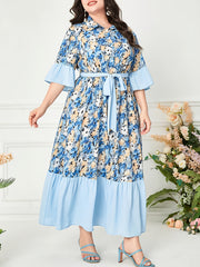  Dress Colorblock Floral Print Ruffle Trim Maxi Dress
