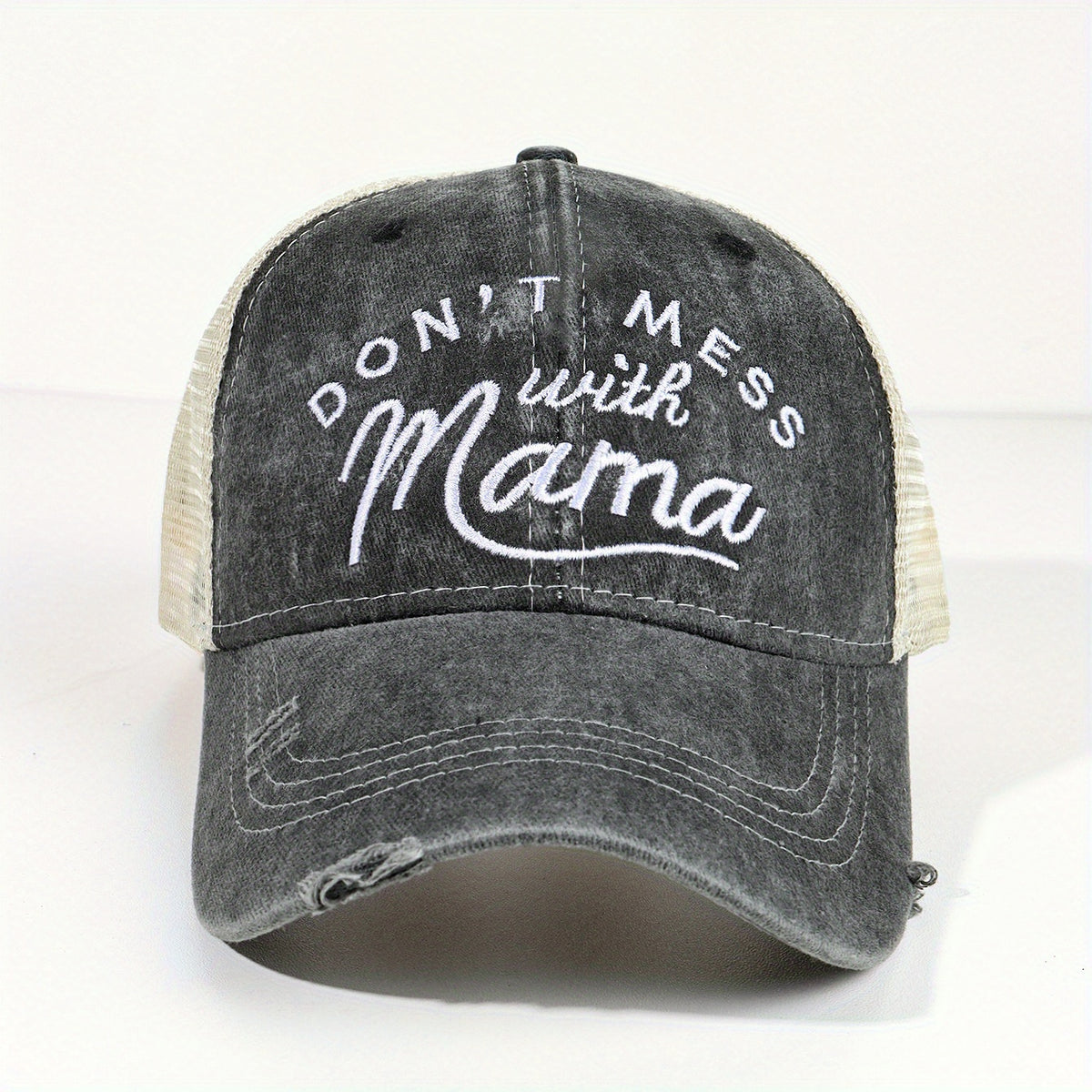 Mom Baseball Cap Distressed Trucker Hat Ponytail Mesh Embroidery Sun Hat