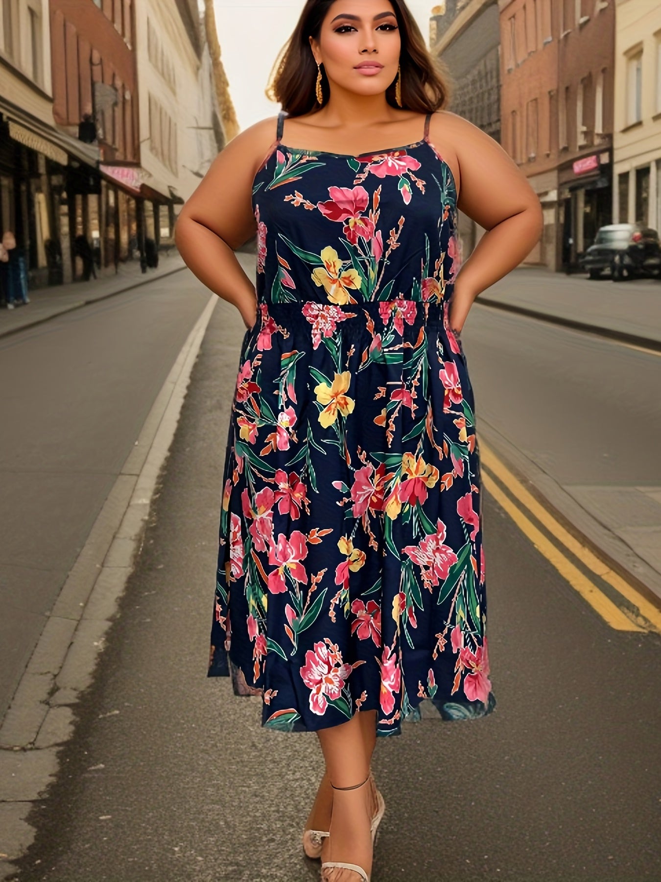  Floral Print Nipped Waist Midi Cami Dress