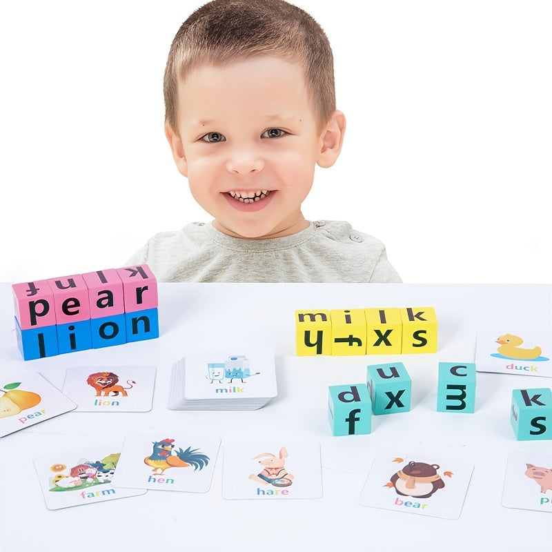 Wooden Spelling Game Building Blocks with Cards for Kids Learning Toy