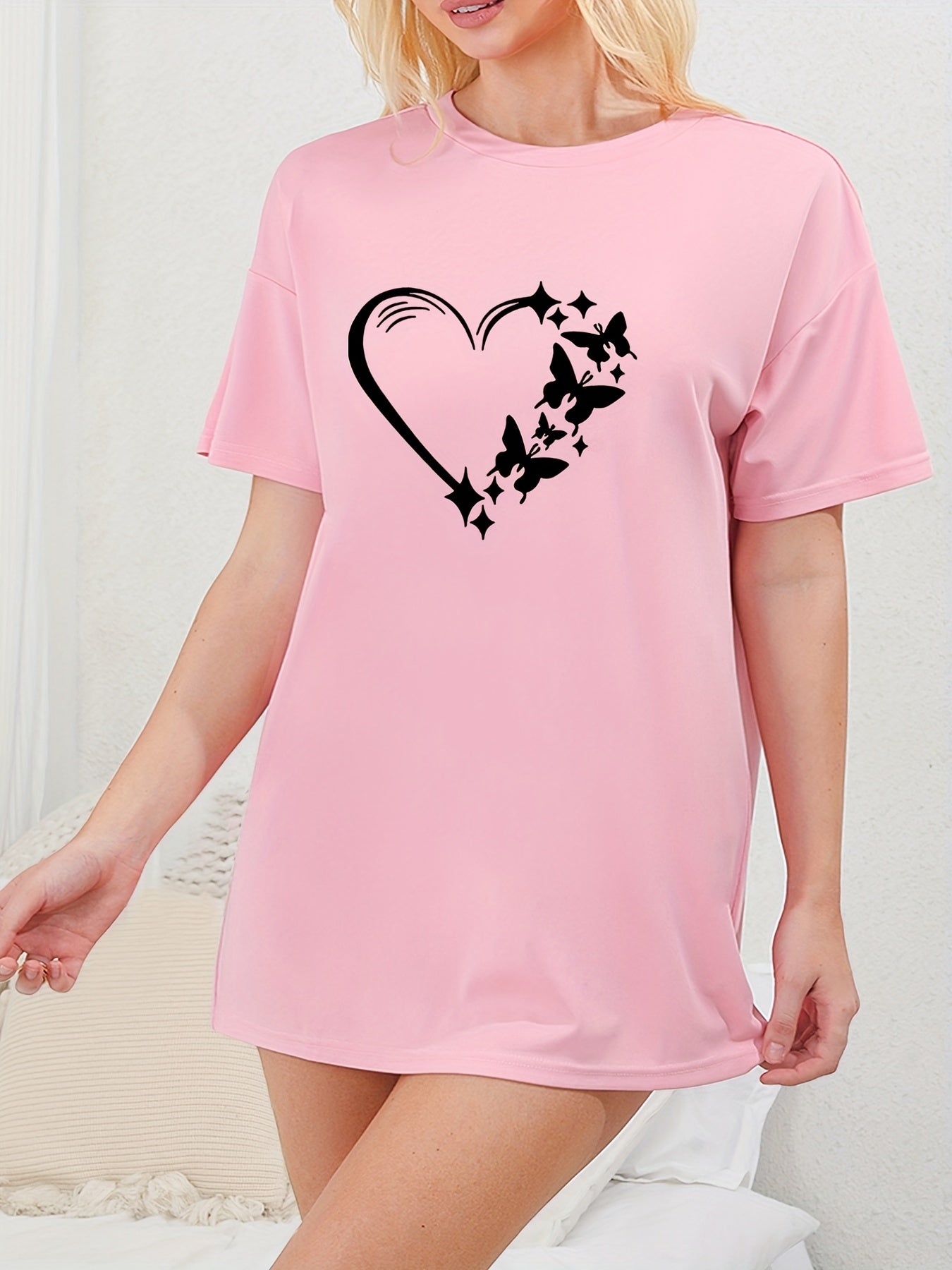  Heart & Butterfly Print Tee Sleep Dress
