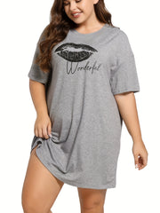  Casual Lounge Dress Women's Plus Kiss & Letter Print Tee Sleep Dress