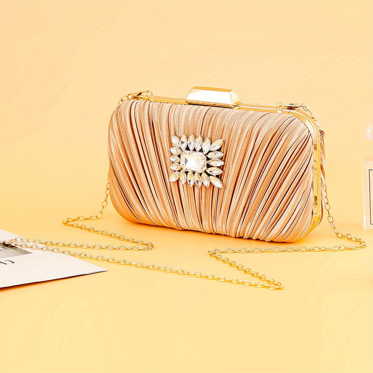 Pleated Rhinestone Chain Clutch Evening Bag