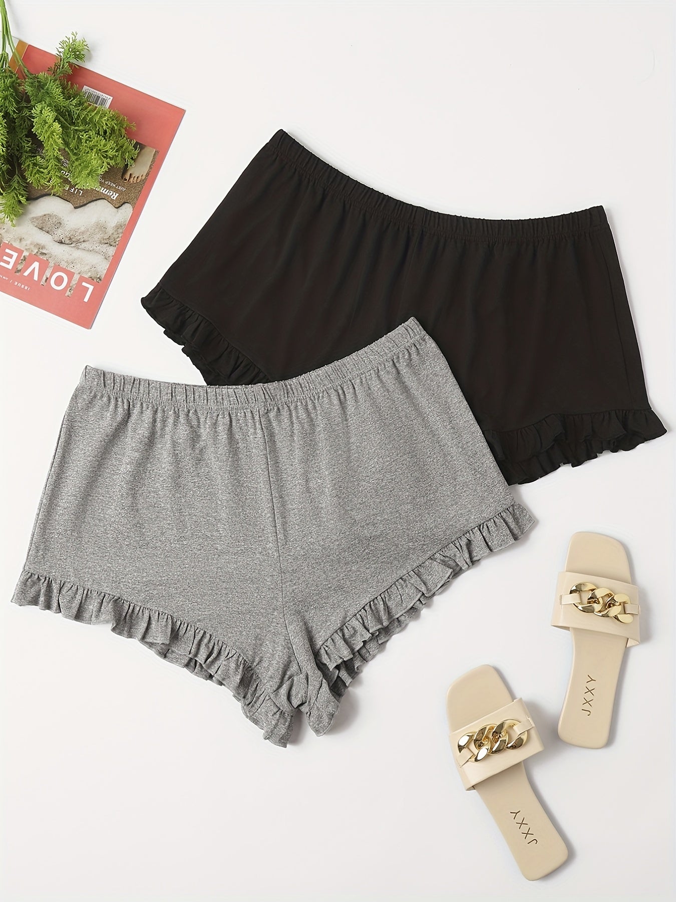 2 Pack Plus Size Ruffle Trim Stretch Shorts Set