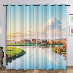 Cartoon Sky Clouds Grassland Village Window Curtains And Tapestries