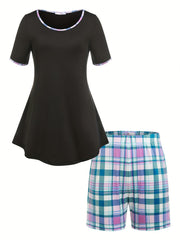  Plaid Print Peplum Top & Shorts Set