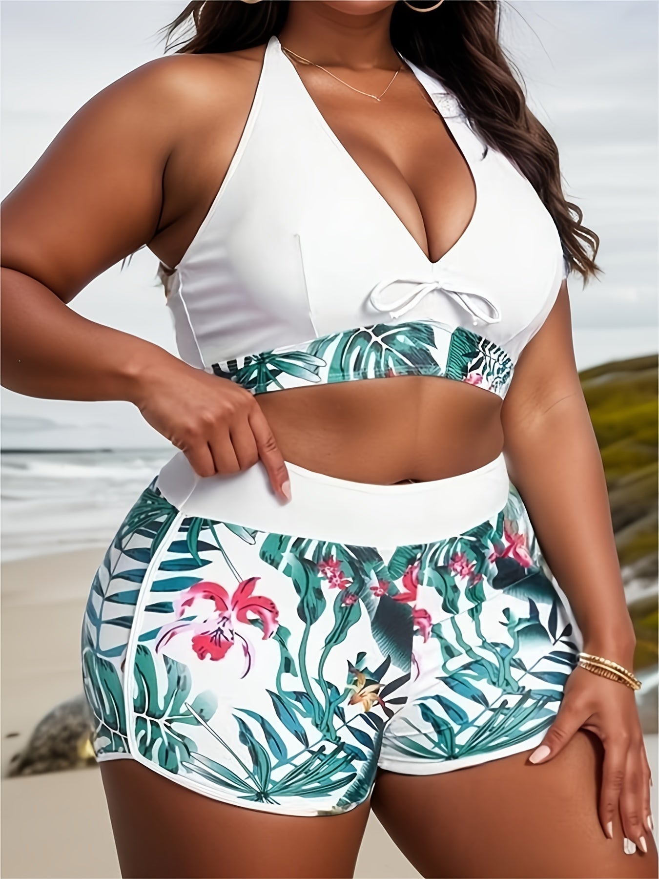  Tropical Print Bikini Set Halter Top & Shorts Swimsuit