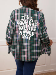  Plaid & Slogan Print Long Sleeve Button Up Shirt